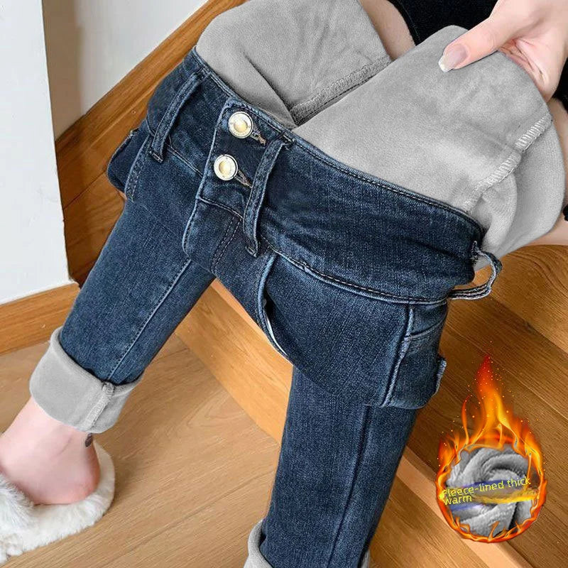 Fleece-lined High-waist Thickened Blue Grey Denim Jeans For Women Autumn/winter Season Warm Stretchy Nine-point Pencil Pants